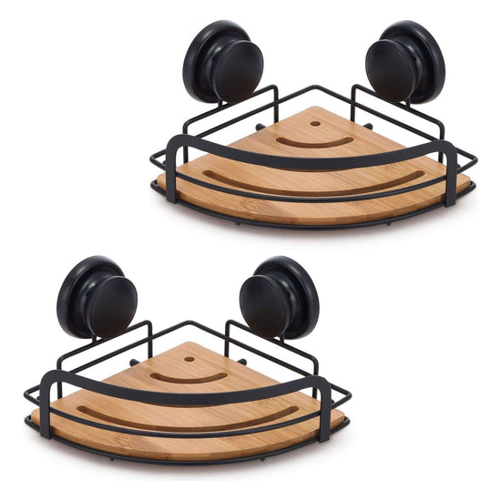 2 Pack Round Bamboo Corner Shower Caddy Shelf Basket Rack with Premium Vacuum Suction Cup No-Drilling for Bathroom and Kitchen - Magdasmall