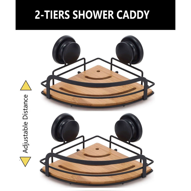 2 Pack Round Bamboo Corner Shower Caddy Shelf Basket Rack with Premium Vacuum Suction Cup No-Drilling for Bathroom and Kitchen - Magdasmall