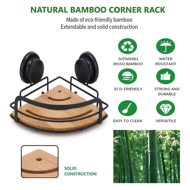 2 Pack Round Bamboo Corner Shower Caddy Shelf Basket Rack with Premium Vacuum Suction Cup No-Drilling for Bathroom and Kitchen - Magdasmall