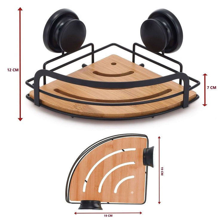 2 Pack Round Bamboo Corner Shower Caddy Shelf Basket Rack with Premium Vacuum Suction Cup No-Drilling for Bathroom and Kitchen - Magdasmall
