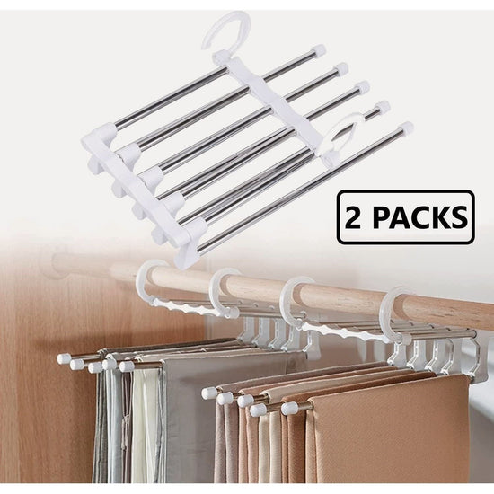 2 Pack Stainless Steel Adjustable 5 in 1 Pants Hangers Non-Slip Space Saving for Home Storage - Magdasmall