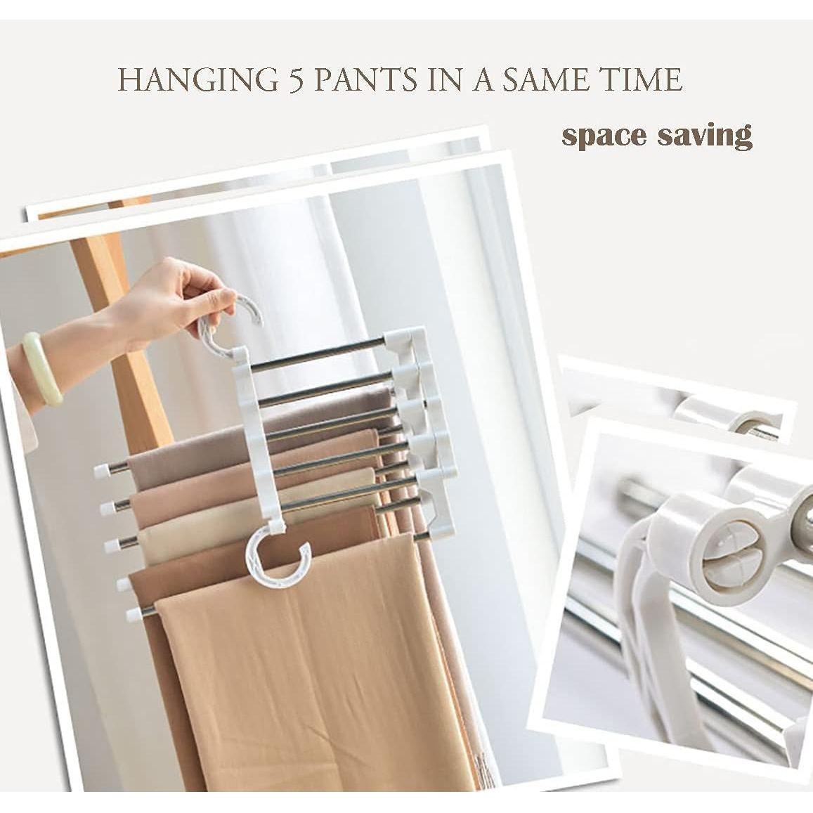 2 Pack Stainless Steel Adjustable 5 in 1 Pants Hangers Non-Slip Space Saving for Home Storage - Magdasmall