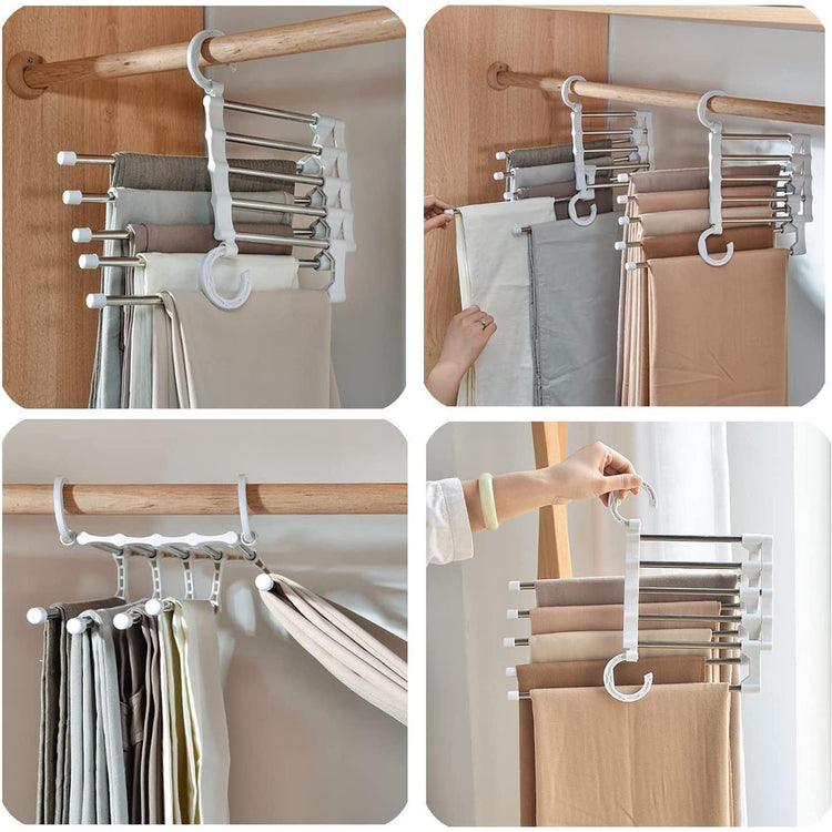 2 Pack Stainless Steel Adjustable 5 in 1 Pants Hangers Non-Slip Space Saving for Home Storage - Magdasmall