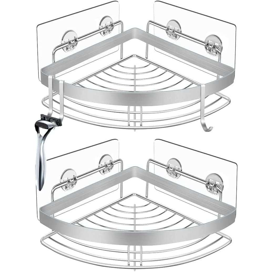 2 Pack Wall Mounted Adhesive Stainless Steel with Hooks Bathroom Shelf Storage Organizer - Magdasmall