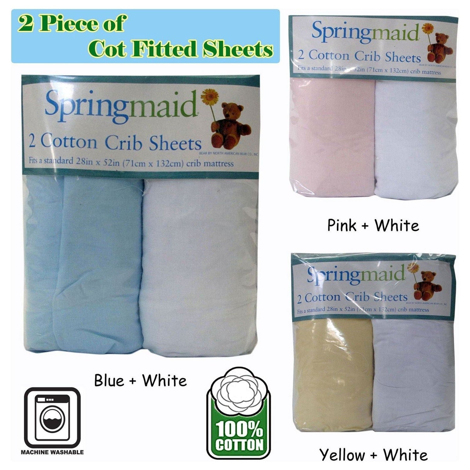 2 Piece of Baby Cot Cotton Fitted Sheet Yellow & White - Magdasmall