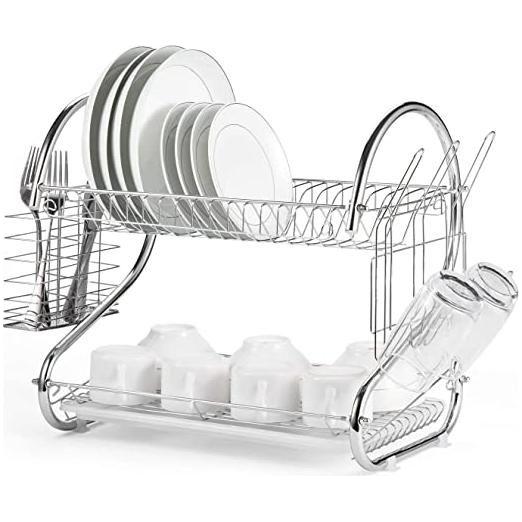 2 Tier Dish Rack with Drain Board for Kitchen Counter and Plated Chrome Dish Dryer Silver 42 x 25,5 x 38 cm - Magdasmall