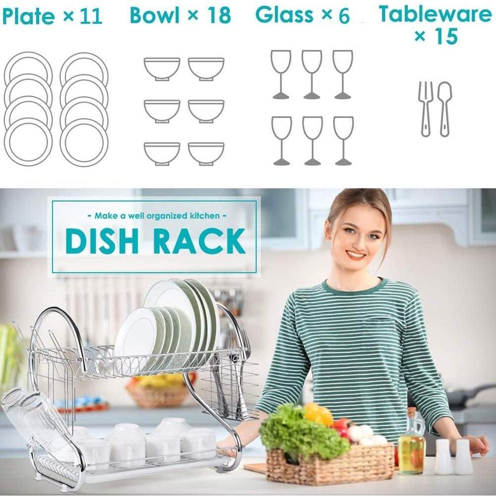 2 Tier Dish Rack with Drain Board for Kitchen Counter and Plated Chrome Dish Dryer Silver 42 x 25,5 x 38 cm - Magdasmall