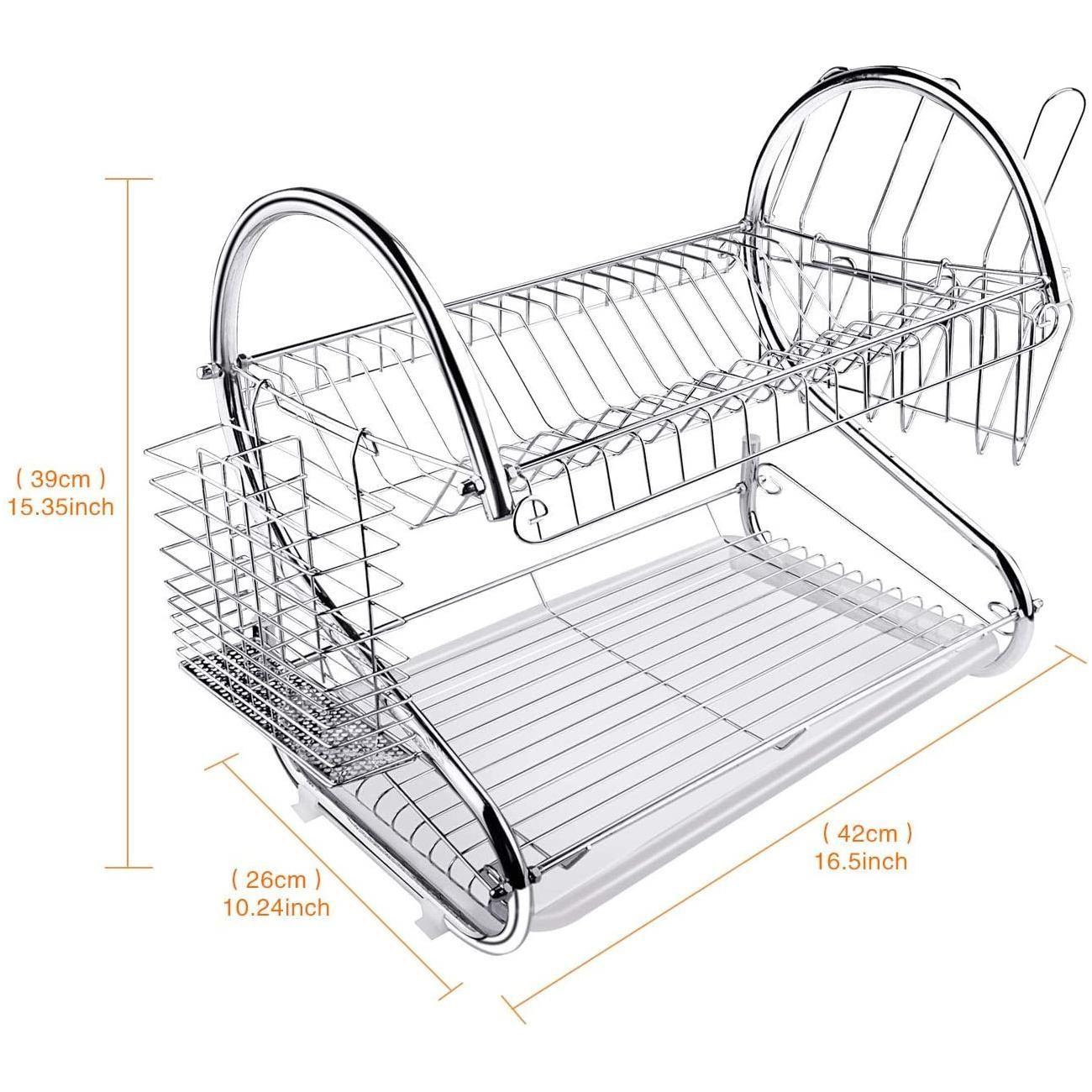 2 Tier Dish Rack with Drain Board for Kitchen Counter and Plated Chrome Dish Dryer Silver 42 x 25,5 x 38 cm - Magdasmall