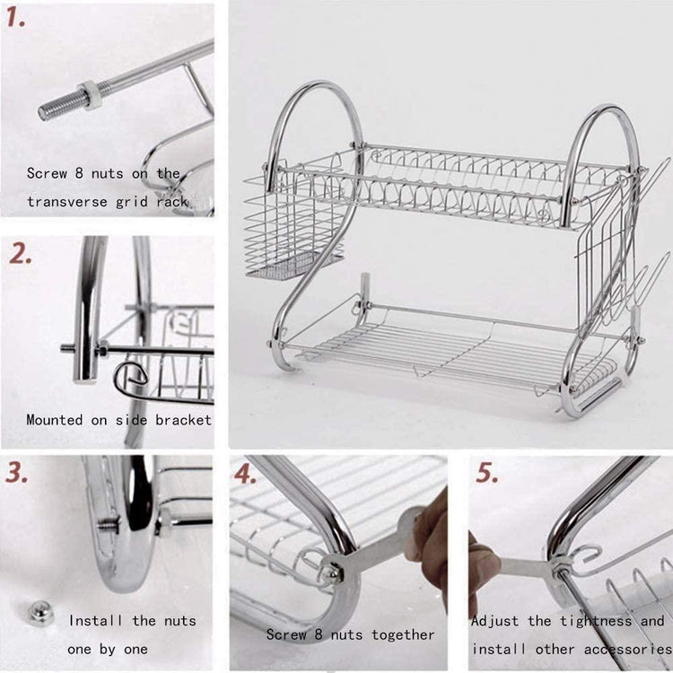 2 Tier Dish Rack with Drain Board for Kitchen Counter and Plated Chrome Dish Dryer Silver 42 x 25,5 x 38 cm - Magdasmall