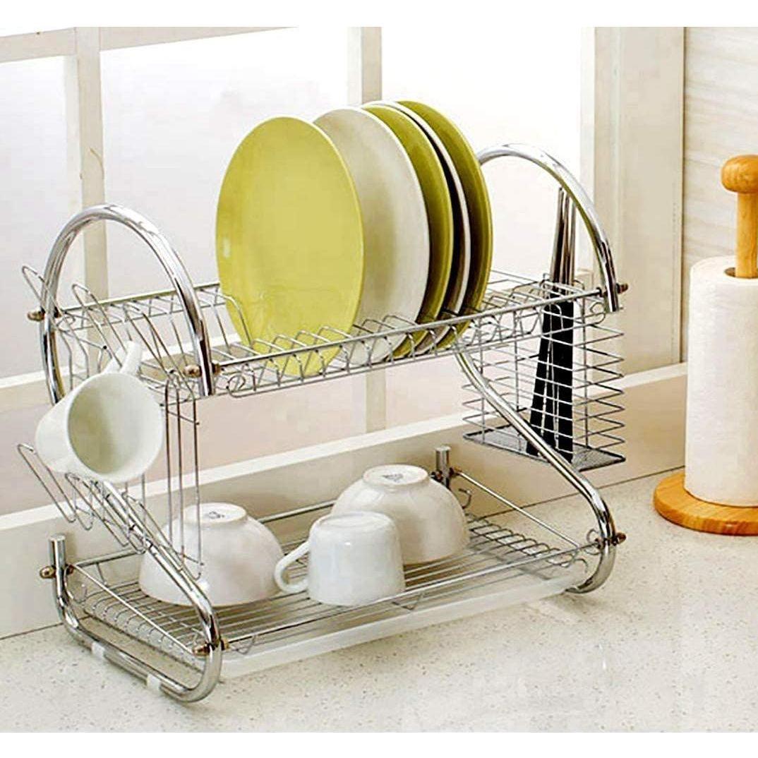 2 Tier Dish Rack with Drain Board for Kitchen Counter and Plated Chrome Dish Dryer Silver 42 x 25,5 x 38 cm - Magdasmall