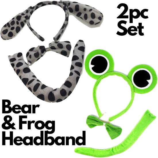 2pc Set Animal Headband w Bow Tail Dog + Frog Ears Hair Costume Halloween Party - Magdasmall
