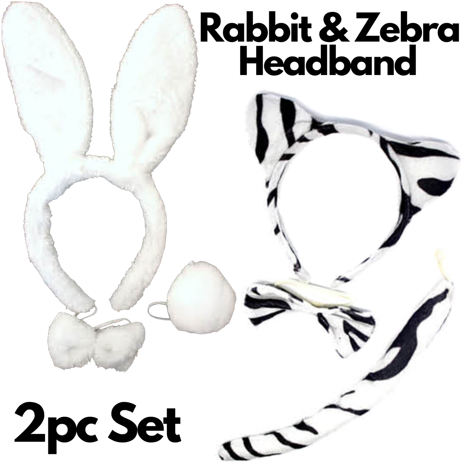 2pc Set Animal Headband w Bow Tail Rabbit + Zebra Ears Costume Halloween Party - Magdasmall