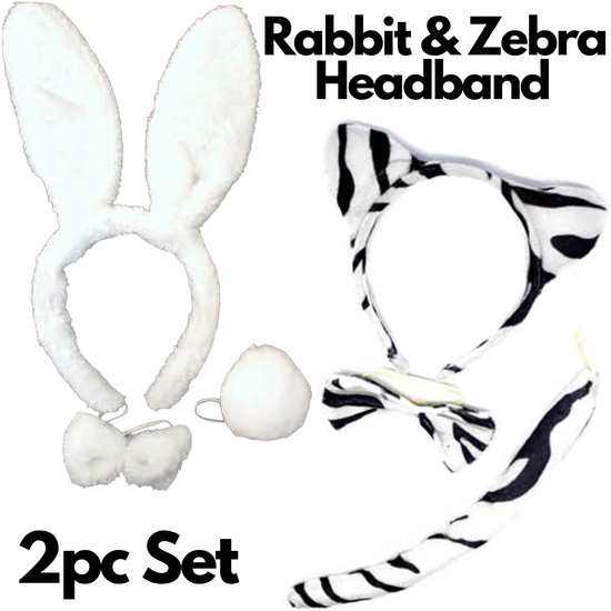 2pc Set Animal Headband w Bow Tail Rabbit + Zebra Ears Costume Halloween Party - Magdasmall