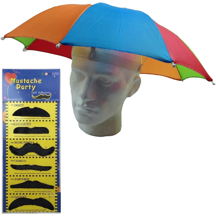 2pcs Set Rainbow Umbrella Hat + 70s Fake Moustache Costume Props Novelty Fancy - Magdasmall