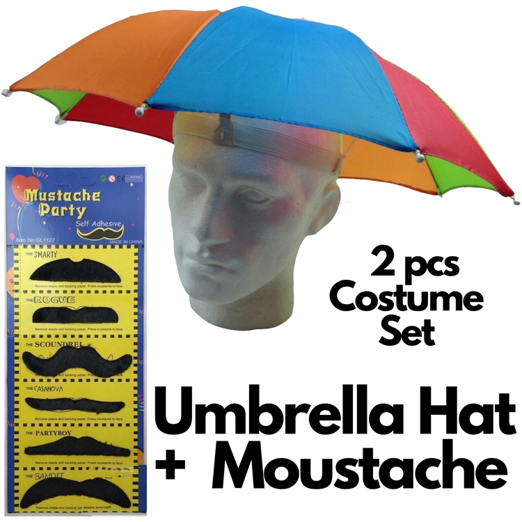 2pcs Set Rainbow Umbrella Hat + 70s Fake Moustache Costume Props Novelty Fancy - Magdasmall