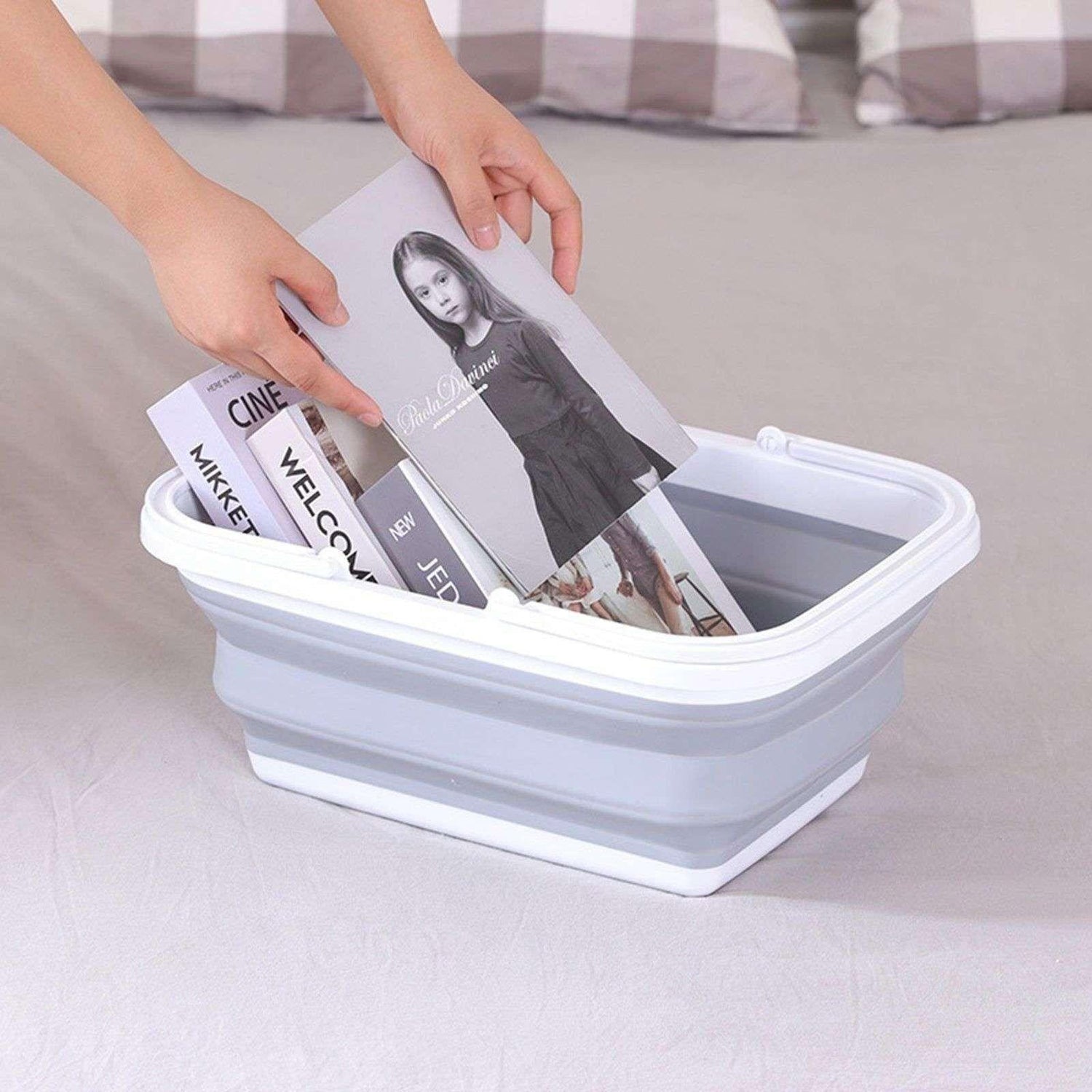 2x 9L Collapsible Laundry Folding Basket Wash Clothes w Handles Bin - Grey/White - Magdasmall