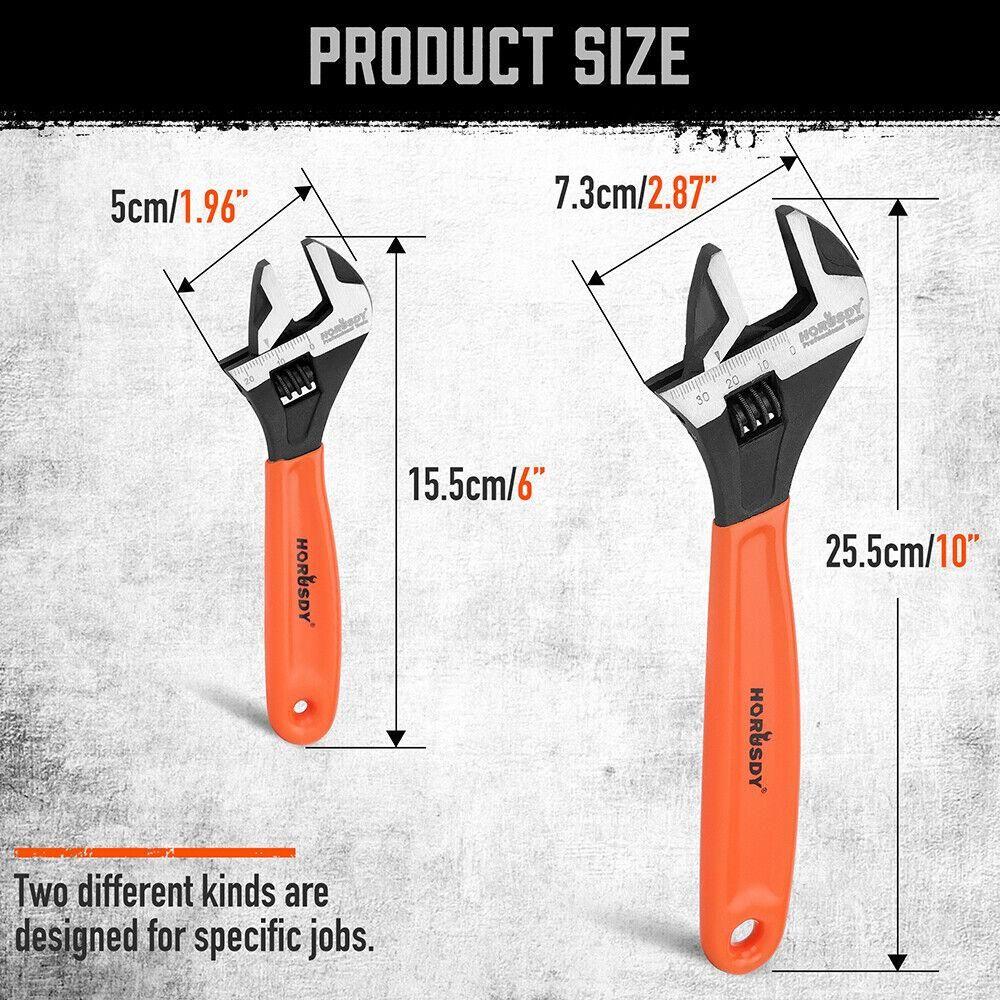 2x Adjustable Wrench Set 6" 10" Wide Jaw Spanner Cr-V Steel Workshop Metric SAE - Magdasmall
