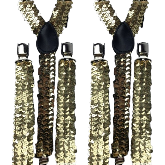 2x Mens Suspenders Braces Adjustable Strong Clip On Elastic Formal Wedding Slim - Gold (Sequin) - Magdasmall