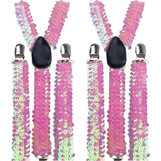2x Mens Suspenders Braces Adjustable Strong Clip On Elastic Formal Wedding Slim - Light Pink (Sequin) - Magdasmall