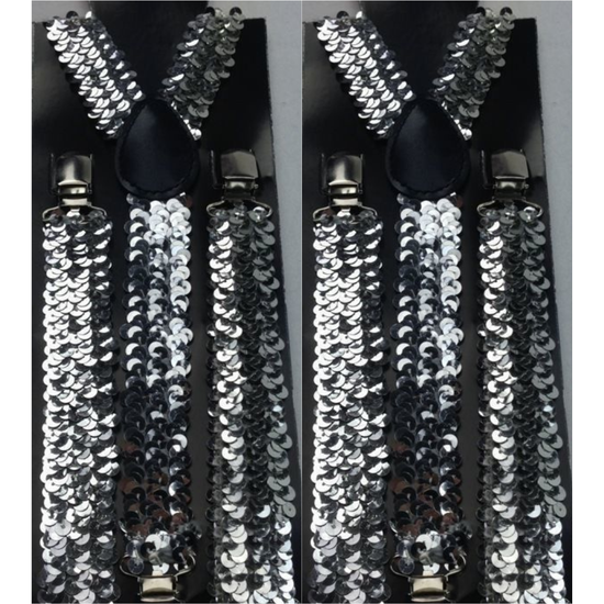 2x Mens Suspenders Braces Adjustable Strong Clip On Elastic Formal Wedding Slim - Silver (Sequin) - Magdasmall