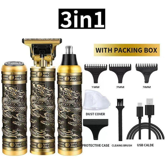 3-in-1 Professional Hair Clipper Set - Rechargeable Beard Trimmer, Nose Hair Trimmer, and Electric Shaver with USB Cable, Cleaning Brush, and Attachments - Magdasmall