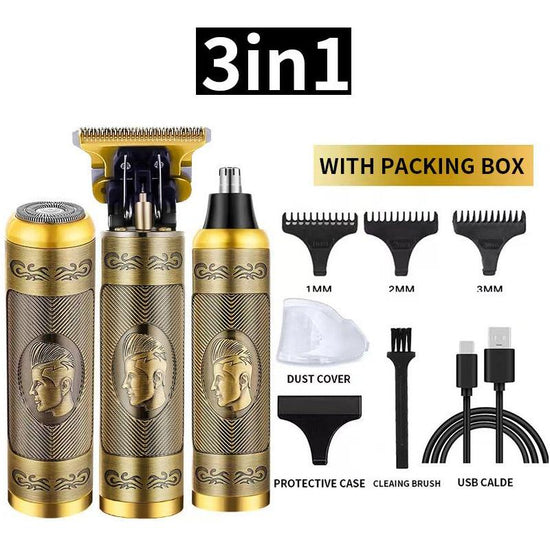 3-in-1 Professional Hair Clipper Set - Rechargeable Beard Trimmer, Nose Hair Trimmer, and Electric Shaver with USB Cable, Cleaning Brush, and Attachments - Magdasmall