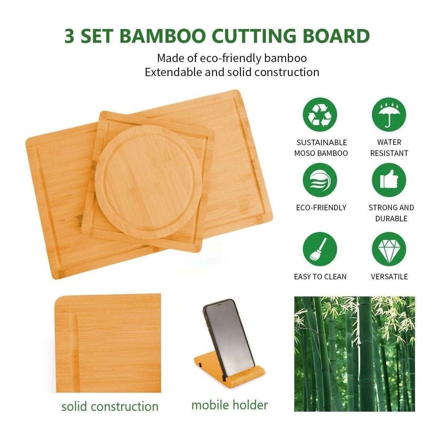 3 Pieces Bamboo Cutting Board with Juice Groove and Mobile Holder included for Home Kitchen - Magdasmall