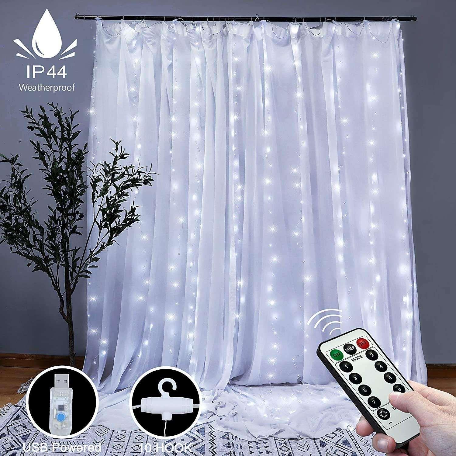 300 LEDs Window Curtain Fairy Lights 8 Modes and Remote Control for Bedroom (Cool White, 300 x 300cm) - Magdasmall