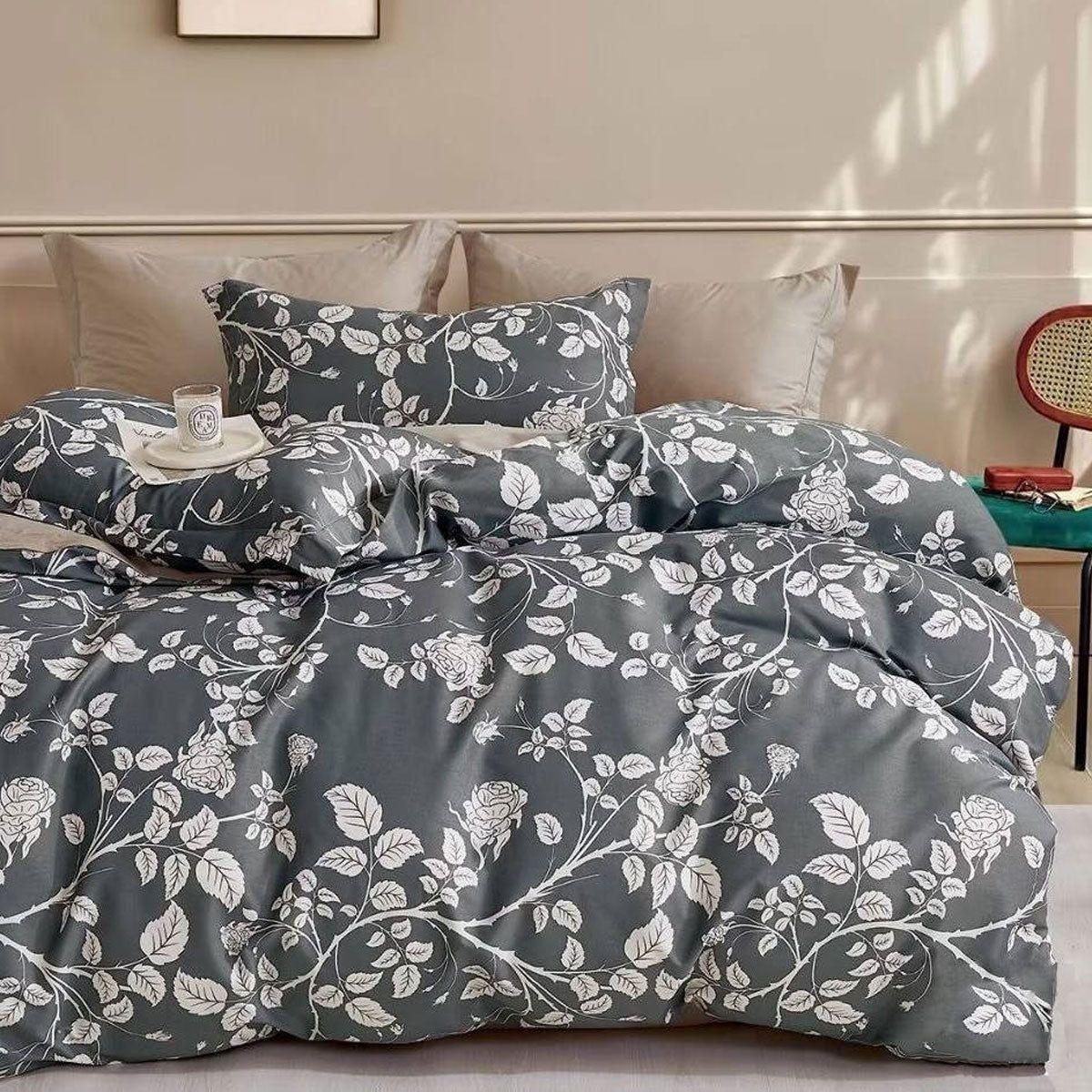 300TC Gardenia Charcoal Reversible Cotton Quilt Cover Set Queen - Magdasmall