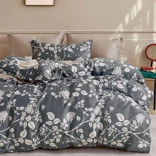 300TC Gardenia Charcoal Reversible Cotton Quilt Cover Set Queen - Magdasmall