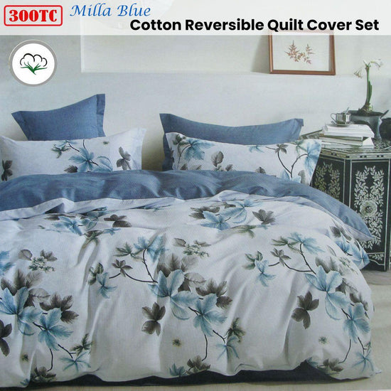 300TC Milla Blue Reversible Cotton Quilt Cover Set Queen - Magdasmall