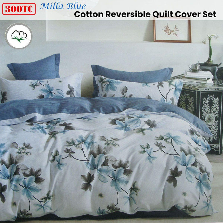 300TC Milla Blue Reversible Cotton Quilt Cover Set Queen - Magdasmall