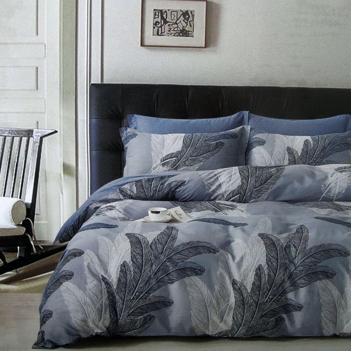 300TC Palm Leaf Blue Reversible Cotton Quilt Cover Set King - Magdasmall