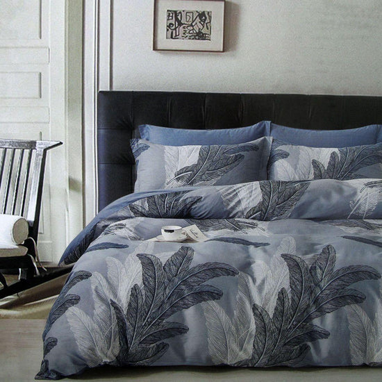 300TC Palm Leaf Blue Reversible Cotton Quilt Cover Set King - Magdasmall