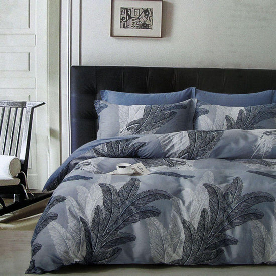 300TC Palm Leaf Blue Reversible Cotton Quilt Cover Set Queen - Magdasmall