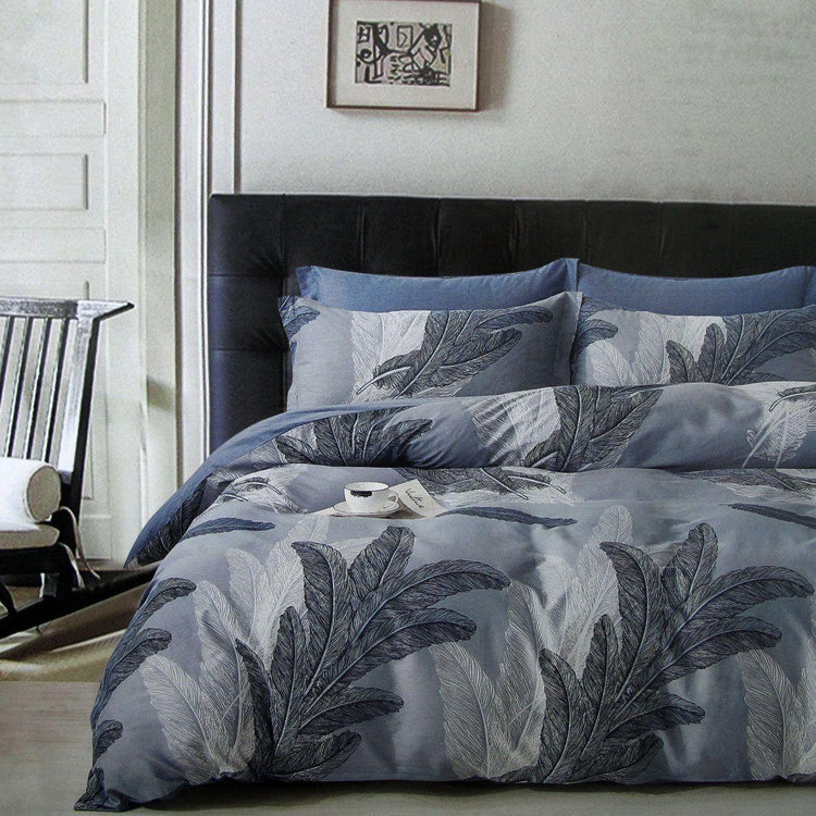 300TC Palm Leaf Blue Reversible Cotton Quilt Cover Set Queen - Magdasmall