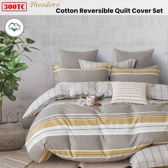 300TC Theodore Grey Reversible Cotton Quilt Cover Set Queen - Magdasmall