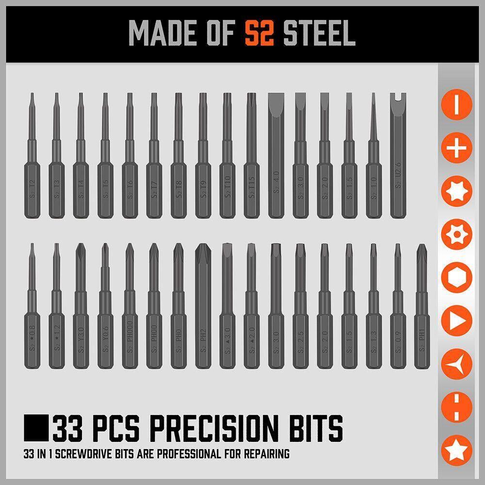 33 PC PRECISION SCREWDRIVER SET BITS PHILIP FLAT SLOTTED TORX HEX ELECTRONIC FIX - Magdasmall