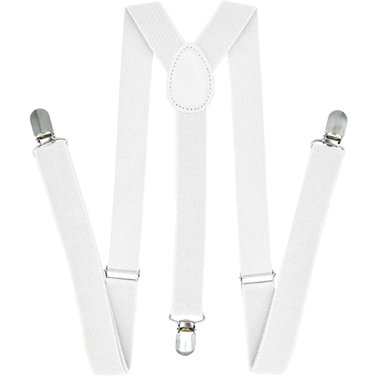 35mm WIDE SUSPENDERS Mens Adjustable Braces Clip On Trouser Elastic Y-Back - White - Magdasmall