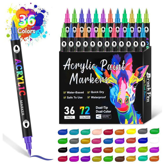 36-Pack Dual-Tip Acrylic Paint Markers - 72 Vibrant Colors, Waterproof & Quick-Dry for Art Projects - Magdasmall