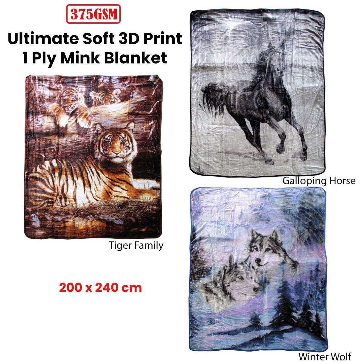 375gsm 1 Ply 3D Print Faux Mink Blanket Queen 200x240 cm Tiger Family - Magdasmall