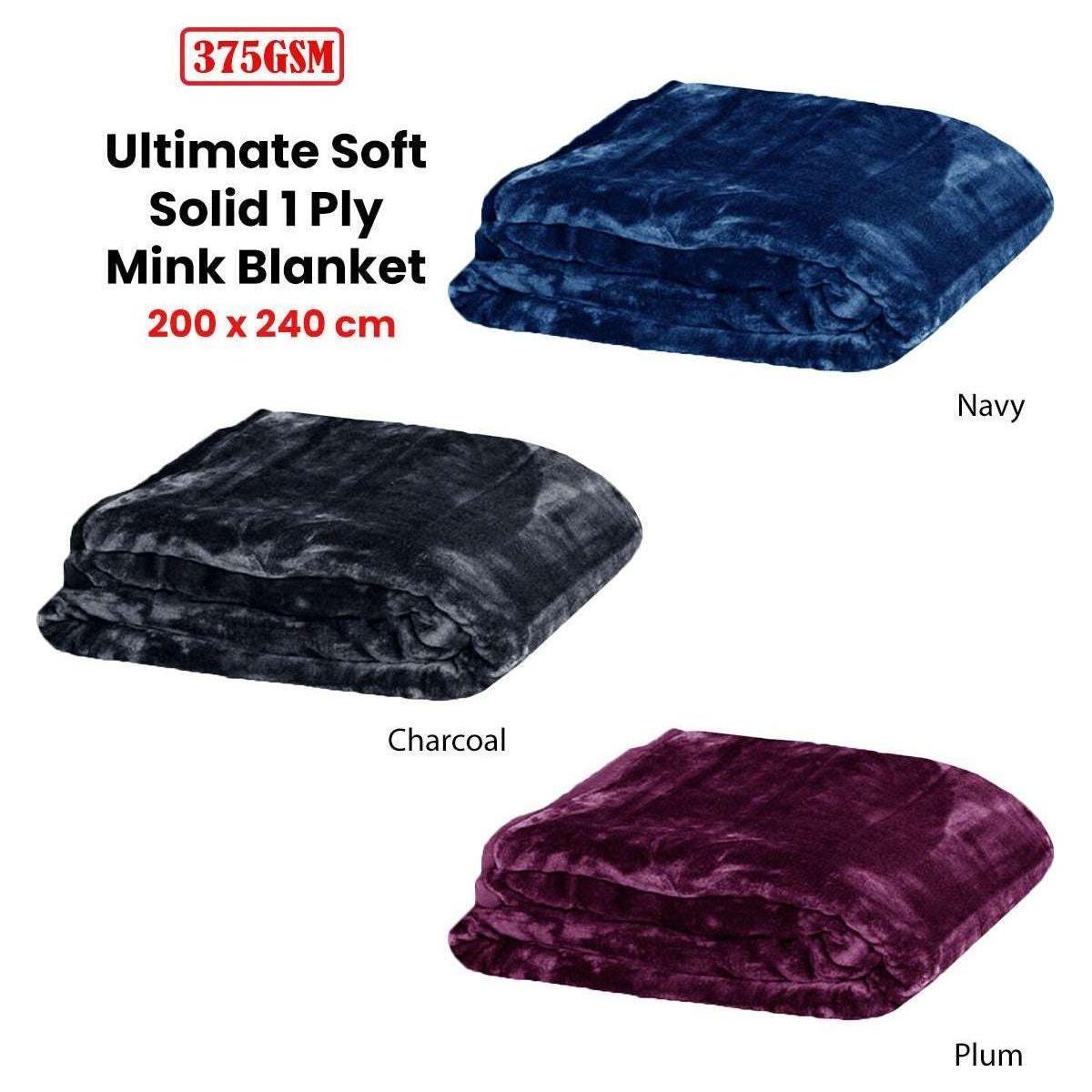 375gsm 1 Ply Solid Faux Mink Blanket Queen 200x240 cm Navy - Magdasmall