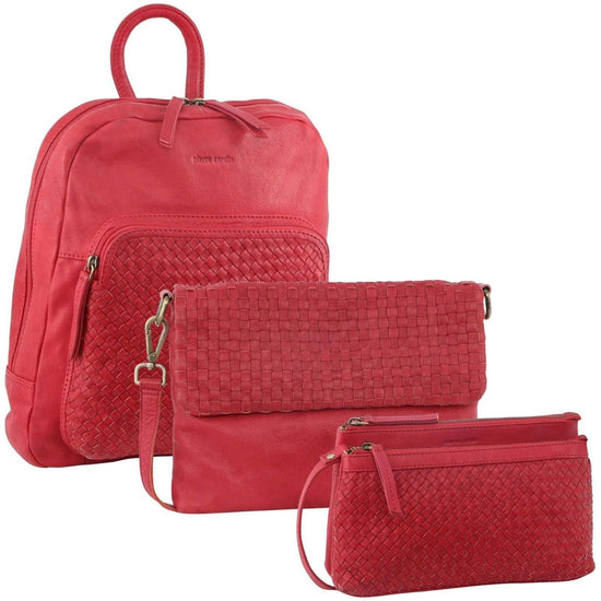 3PC Set Pierre Cardin Womens Woven Leather Cross-Body Bags + Backpack - Red - Magdasmall