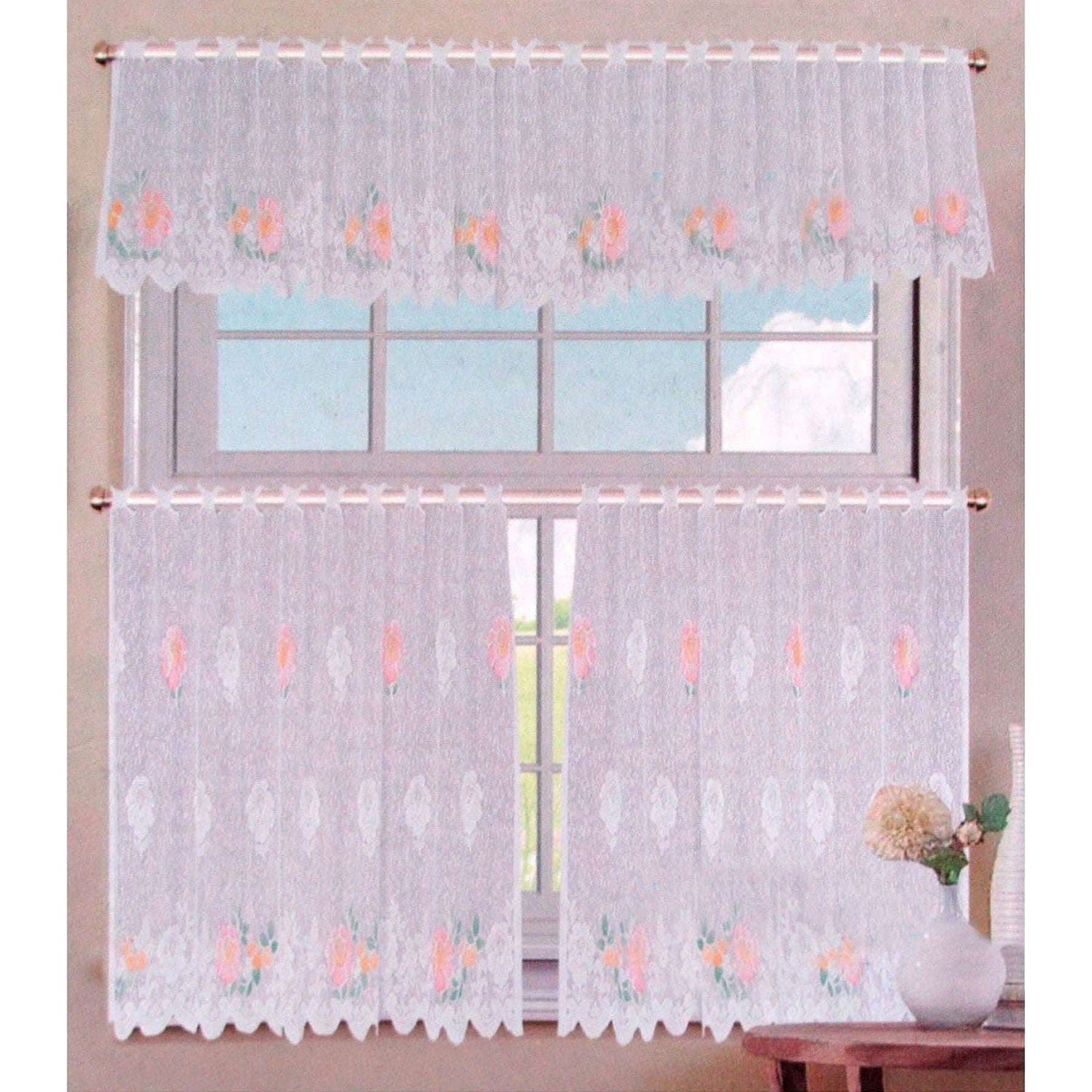 3 Pce Cafe Gardenia Lace Curtain Set - Magdasmall
