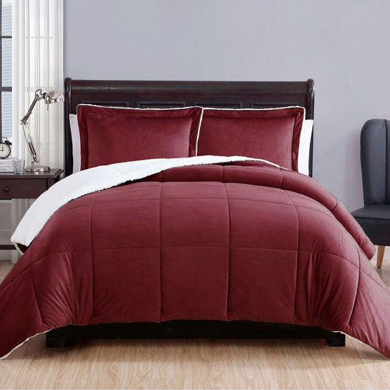 3 Piece Ultra-soft Micro Mink Comforter Set Queen with Sherpa Reverse Burgundy - Magdasmall