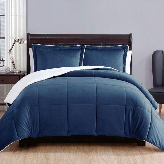3 Piece Ultra-soft Micro Mink Comforter Set Queen with Sherpa Reverse Navy Blue - Magdasmall