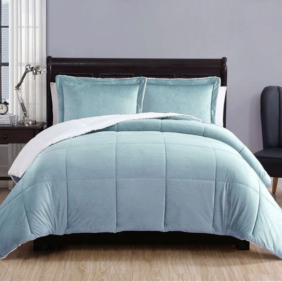 3 Piece Ultra-soft Micro Mink Comforter Set Queen with Sherpa Reverse Sky - Magdasmall