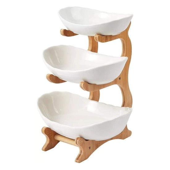 3 Tier Porcelain Fruit Bowl - Ceramic Vegetable Storage With Bamboo Stand - Magdasmall