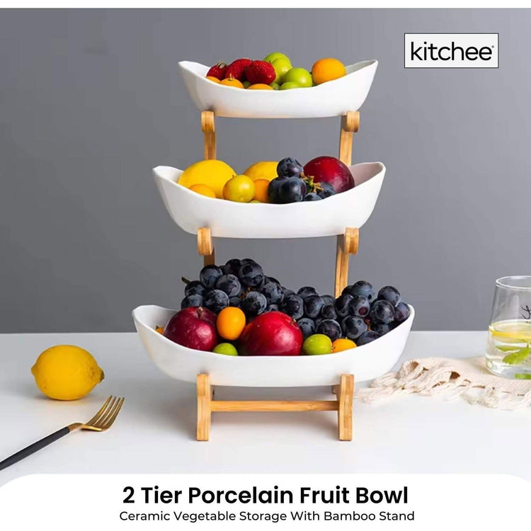 3 Tier Porcelain Fruit Bowl - Ceramic Vegetable Storage With Bamboo Stand - Magdasmall