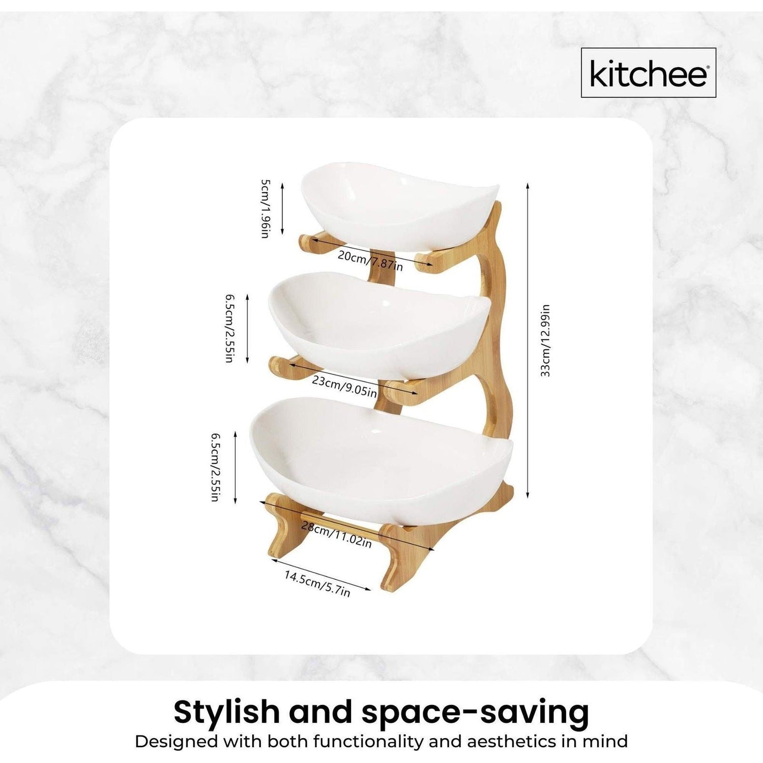 3 Tier Porcelain Fruit Bowl - Ceramic Vegetable Storage With Bamboo Stand - Magdasmall